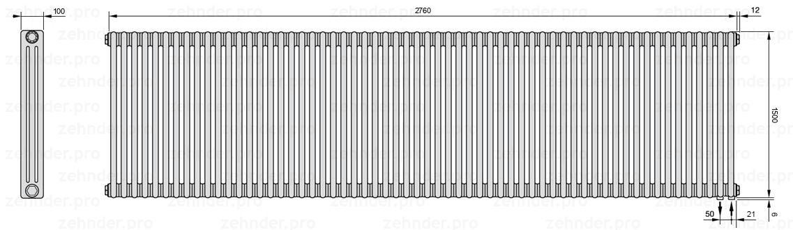 Схема (чертеж) Радиатор Zehnder Charleston 3150/60 №5510 Белый глянцевый RAL 9016